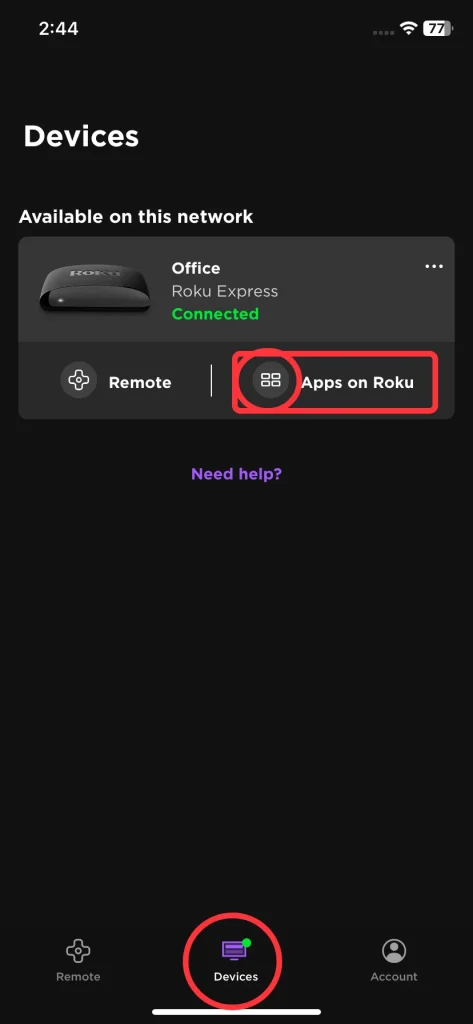 Device interface of the Roku App