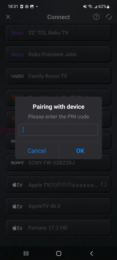 PIN code of Universal Apple TV Remote App
