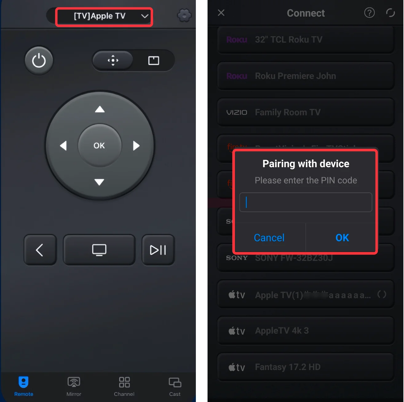 Pairing entry on the Universal Apple TV Remote App