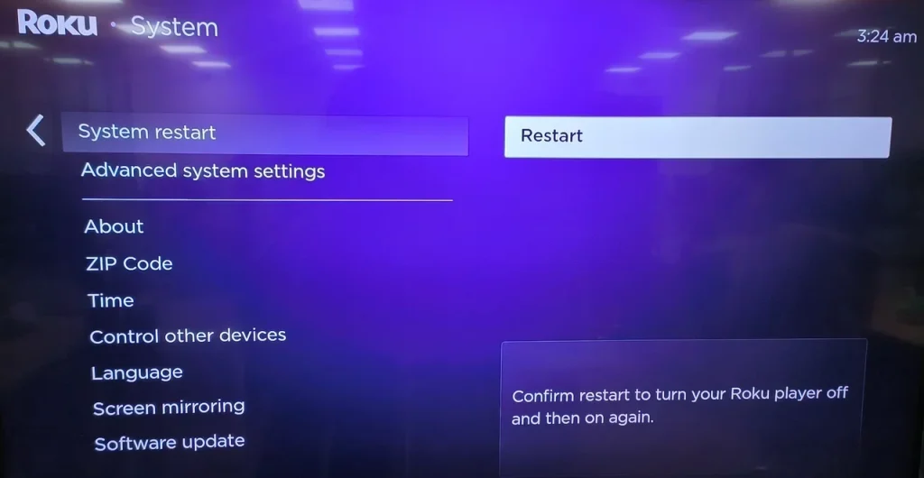 choose Restart on Roku screen