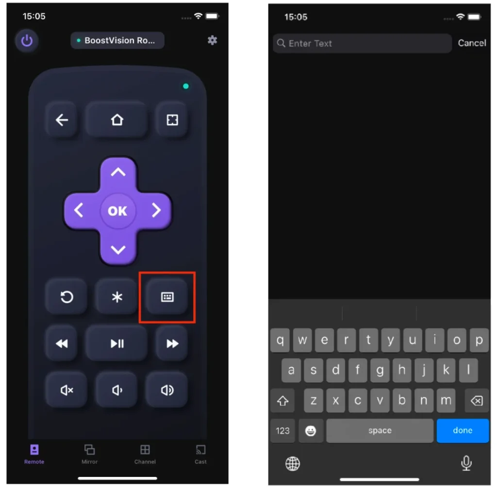 tap the keyboard feature on the Roku remote app