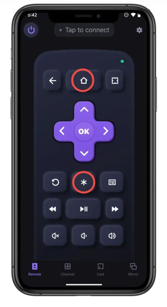 Home and Star buttons on the Roku remote app