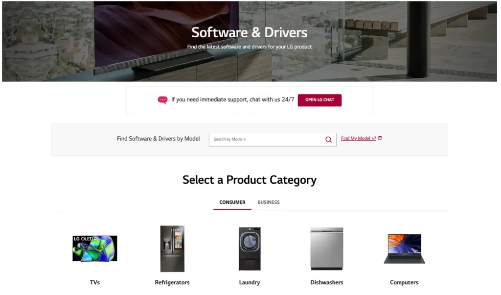 the LG Software & Drivers webpage