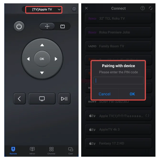 Universal Apple TV Remote App pairing process