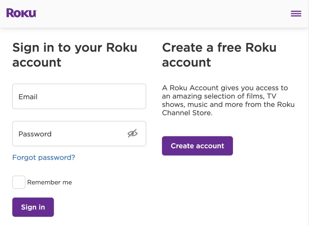 Roku account sign-in interface