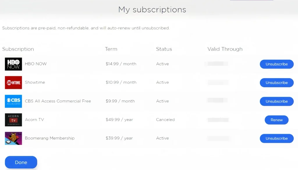 My subscriptions on the Roku website
