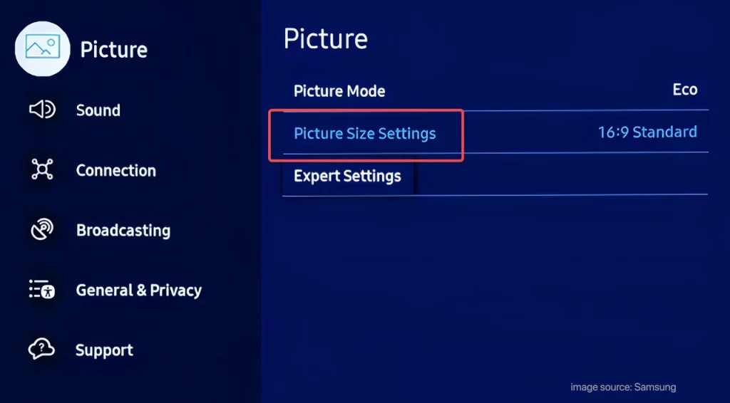 Picture Size settings on Samsung TV