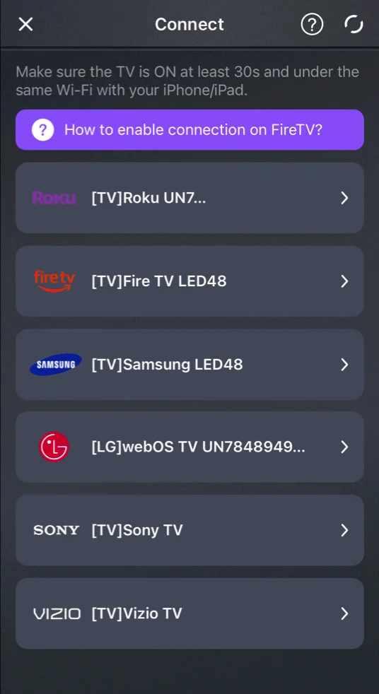 the device list of Universal TV Remote app