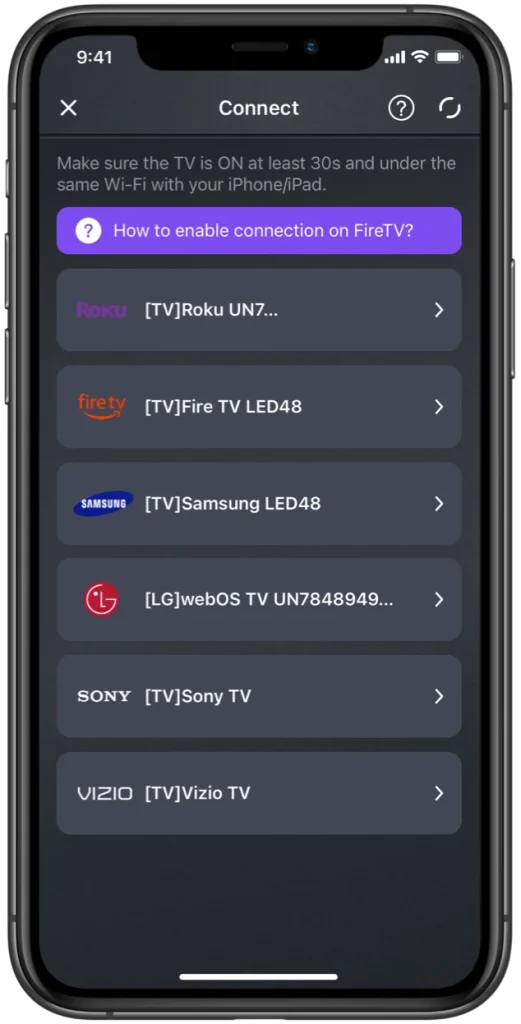 the device list on the Universal TV Remote app