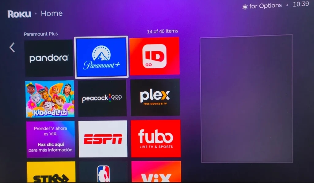 find Paramount Plus on Roku home page