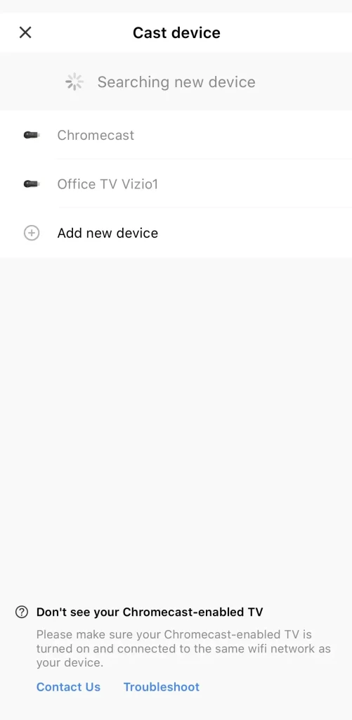 device list on TV Cast for Chromecast app