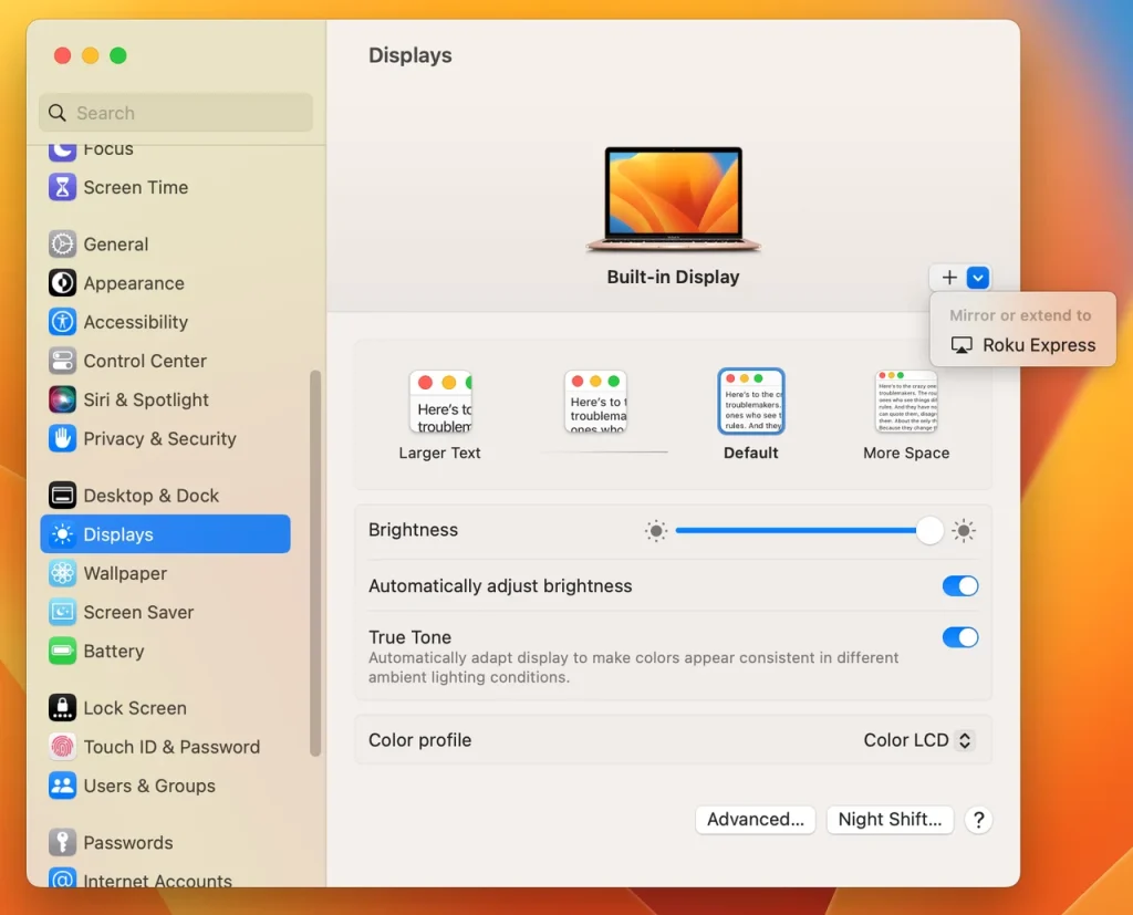 enable AirPlay from Mac's Display settings