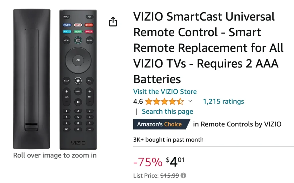 the Vizio TV remote sold on Amazon