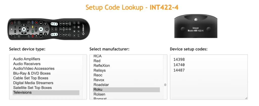 the setup code for INT422 Series universal remote and Roku TV