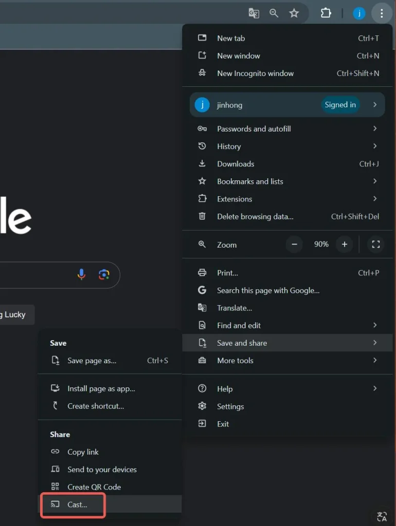 choose Cast on Chrome