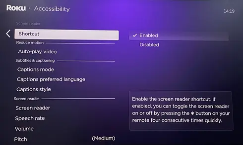 Shortcut option of Accessibility of Roku