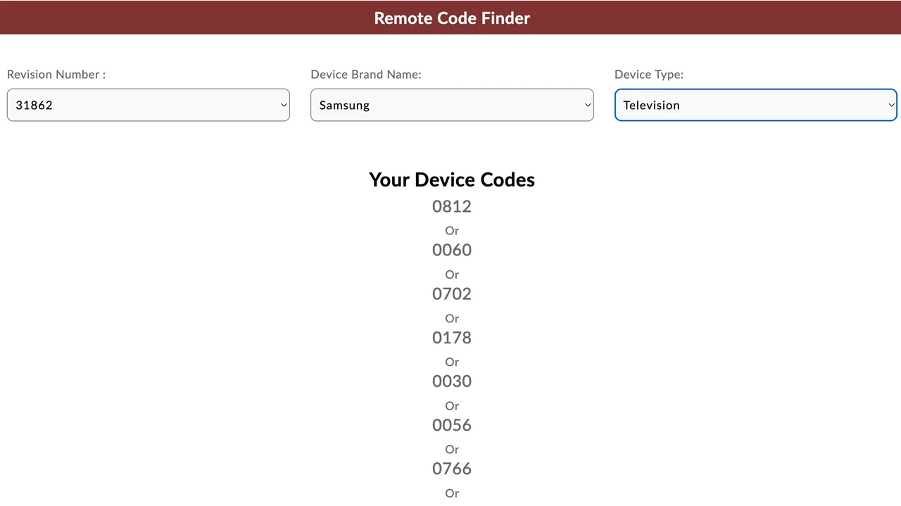 different codes for RCA universal remote for Samsung TV