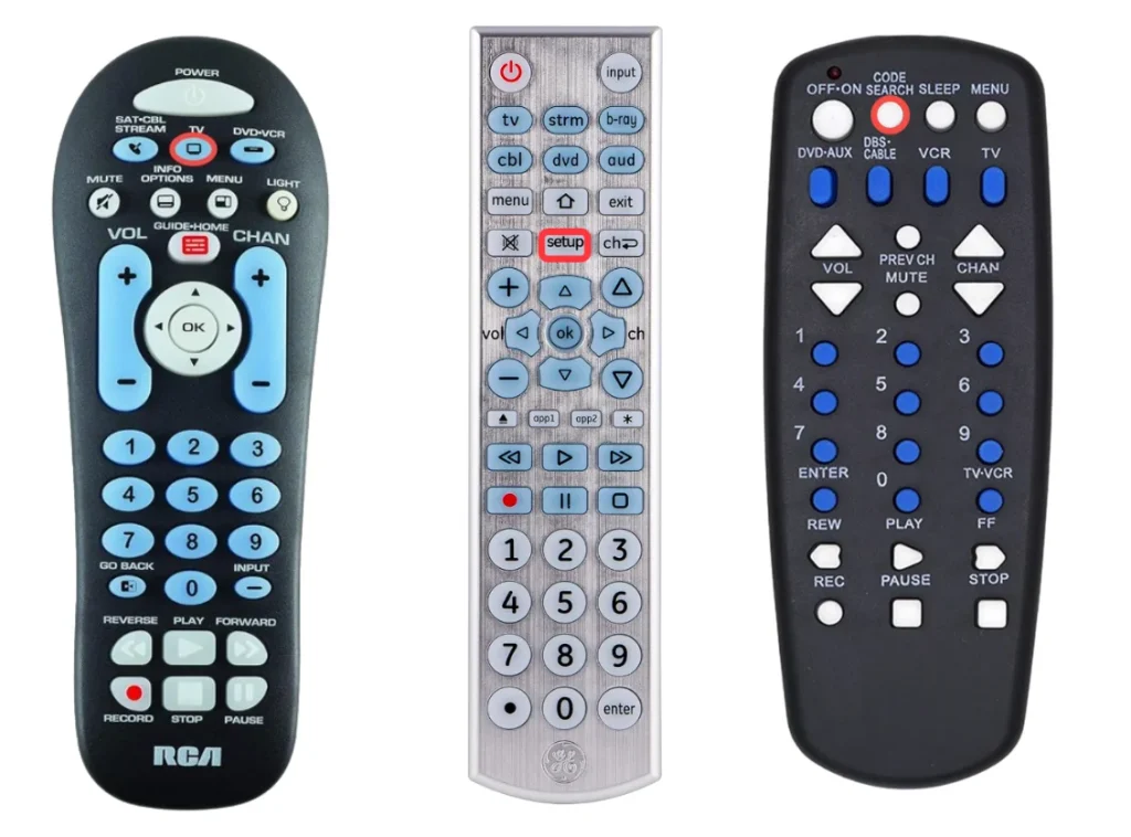 the TV, Setup, Code Search button on different universal remotes