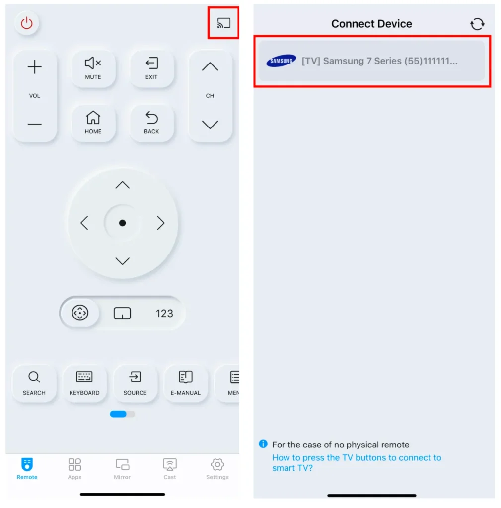 the connection process of the Samsung TV Remote app