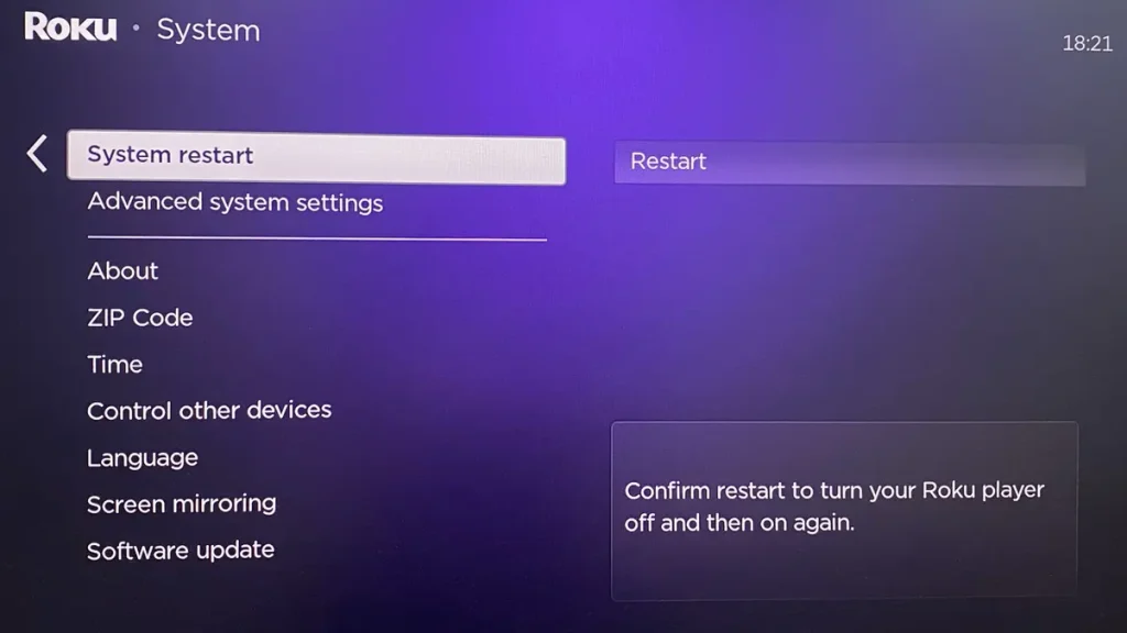 System restart option on Roku