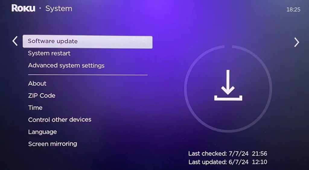 System Update option on Roku