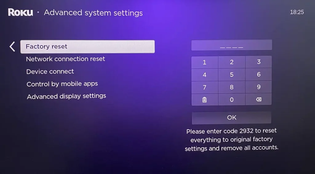 Factory reset option on Roku