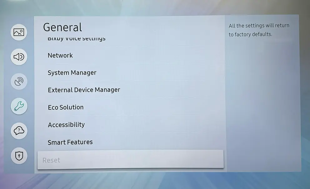 Reset option on Samsung TV