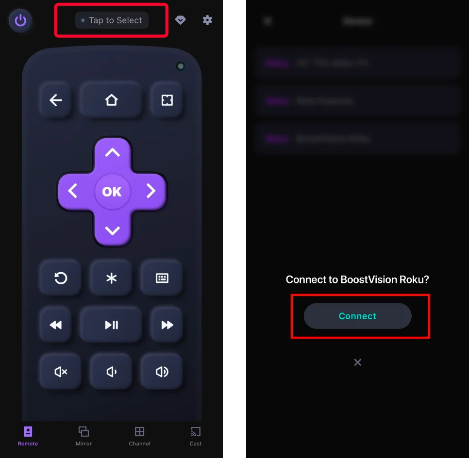 Pairing button on Roku TV remote app