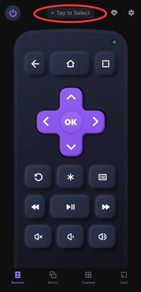 Pairing entry of the Roku remote app