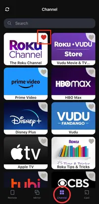 Add favorite channel on Roku remote app