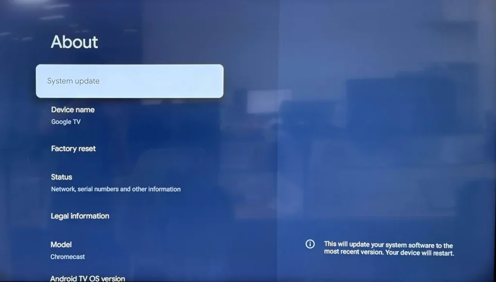 System update option on Chromecast