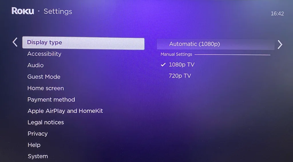 choose Display type pn Roku screen