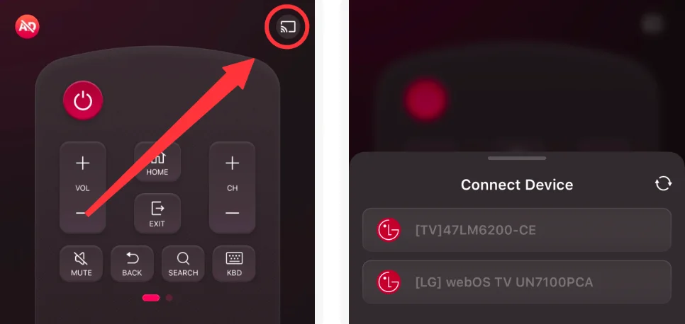 Pairing entry on the LG remote app