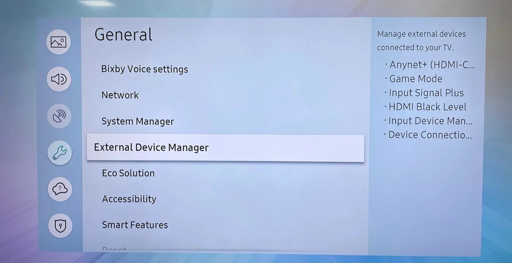 locate External Device Manager option on Samsung TV