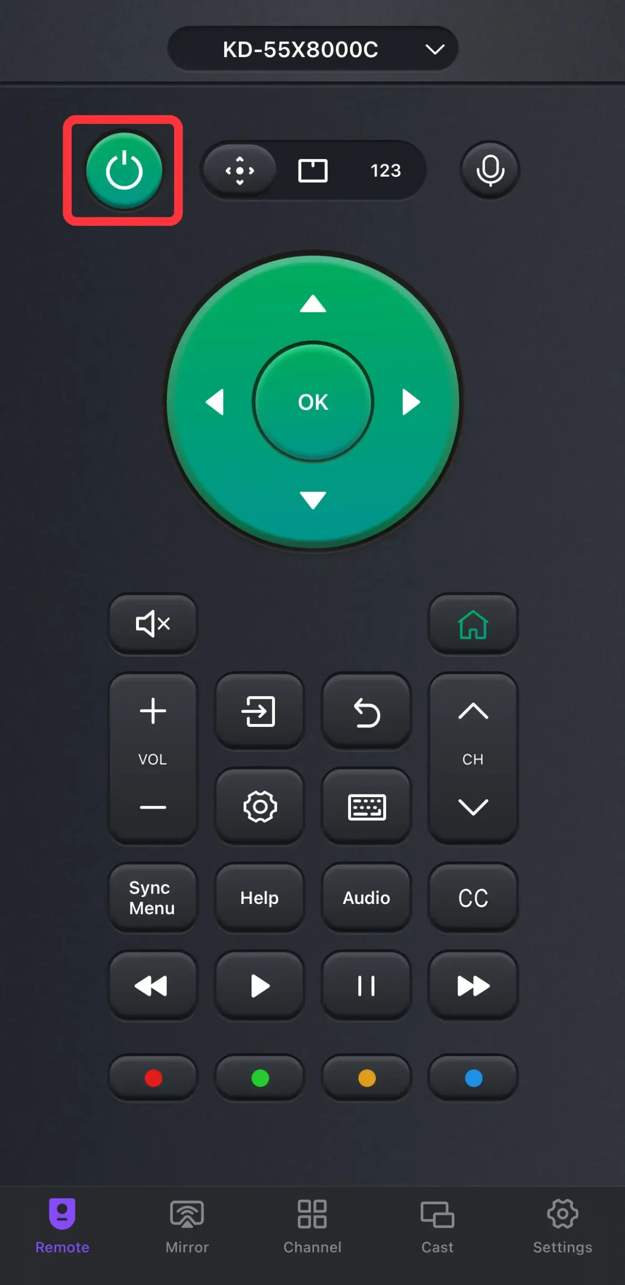 the power button on the universal remote app