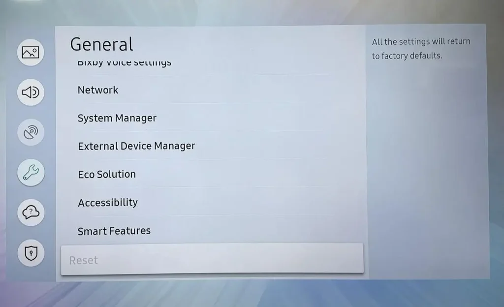 Reset option on Samsung TV