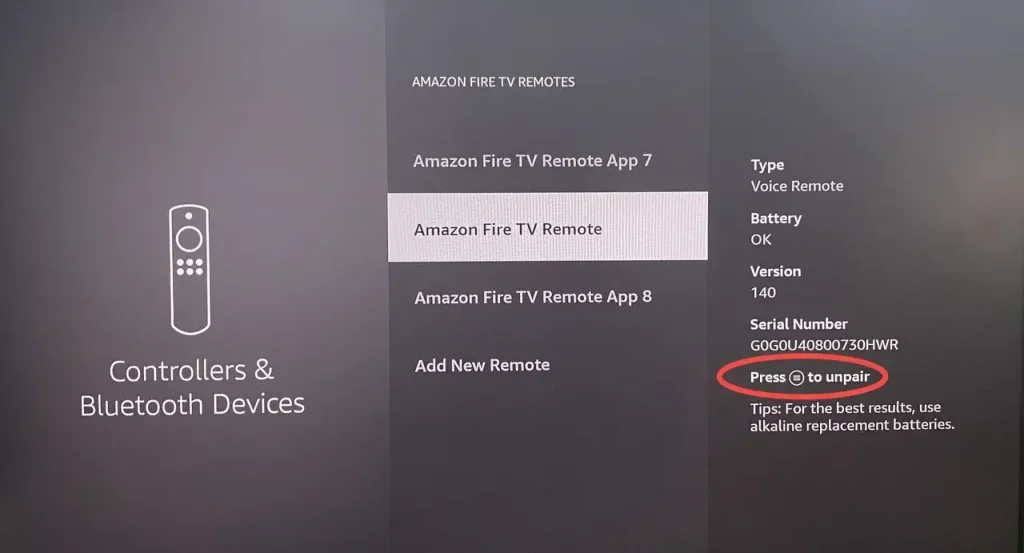 Unpair remote option on Fire TV