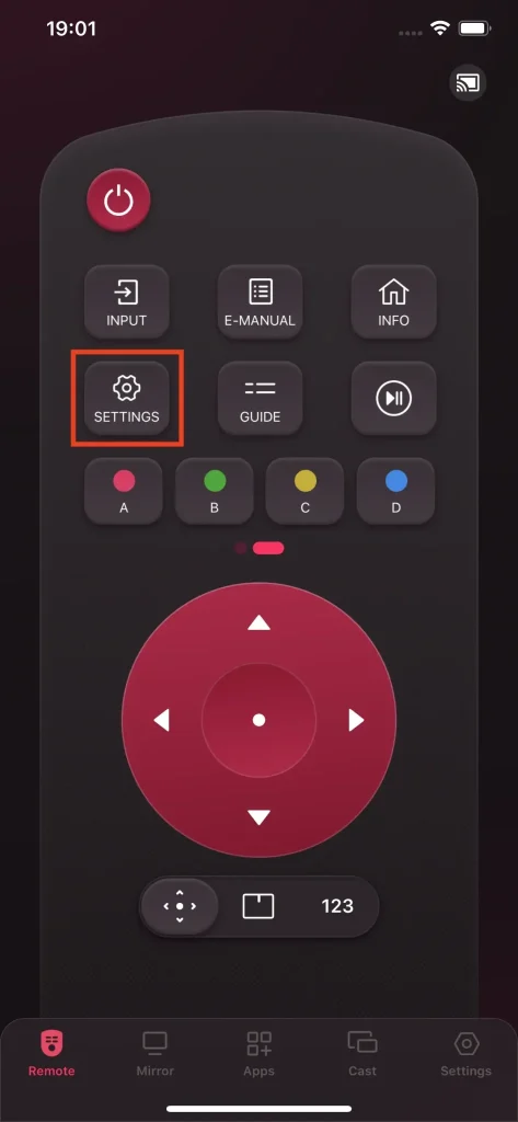 find settings button on the remote app