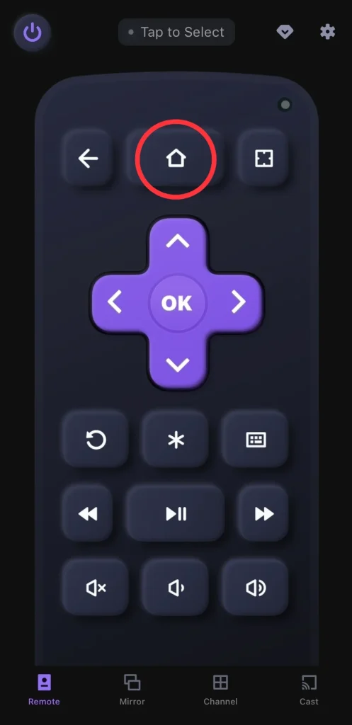 Home button on the virtual Roku remote