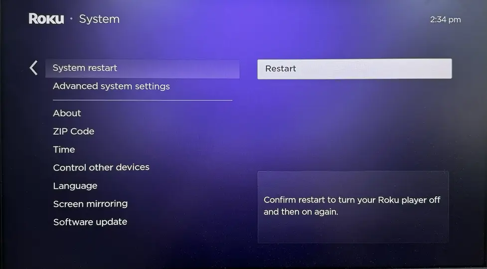 Restart option on Roku