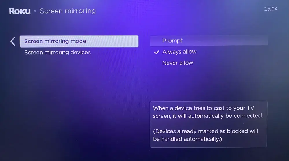 screen mirroring mode on Roku