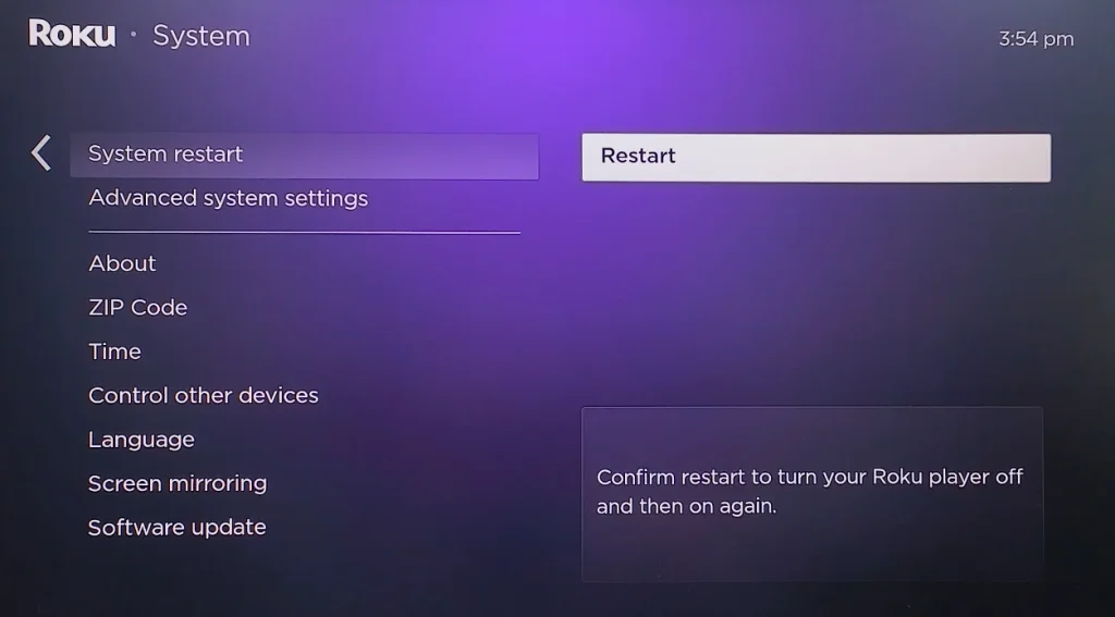 choose Restart on Roku