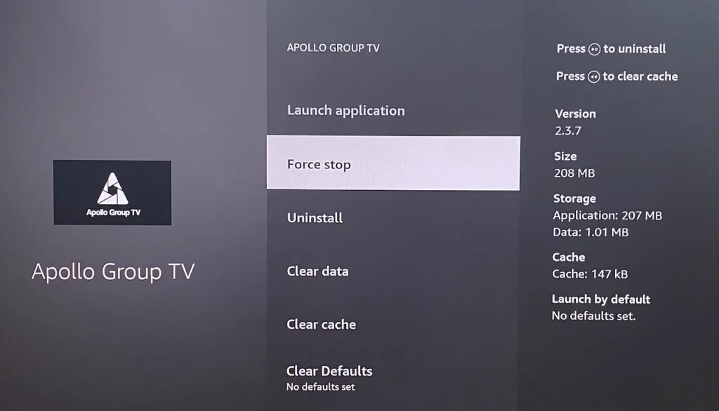 choose Force stop on Firestick