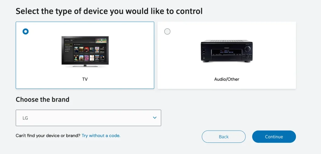 choose TV brand on the Xfinify support website