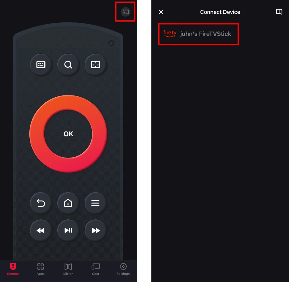 Pairing process of the Fire TV remote app