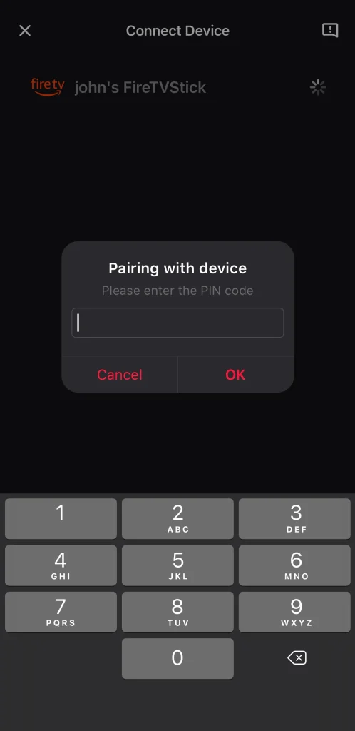 PIN code entry on the Fire TV remote app