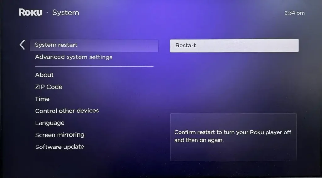 Restart option on Roku