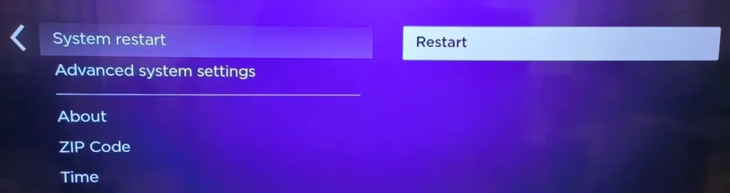 choose System Restart on Roku