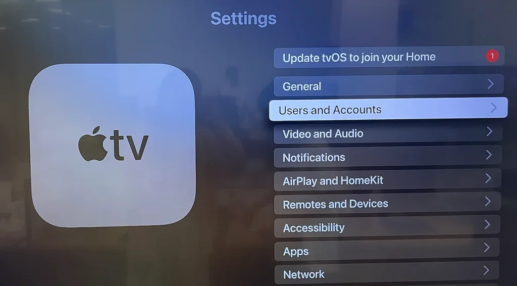 choose Users and Accounts on Apple TV