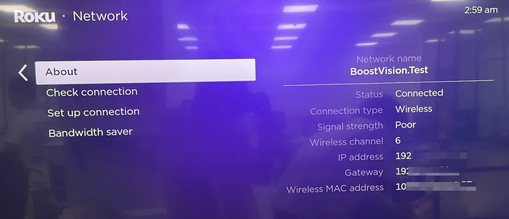 Roku IP address on the settings menu